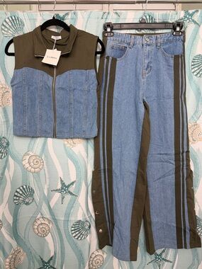 LA DIOSA Two-Tone Denim Vest & Stripe Panel Jeans Set - Olive & Light Blue